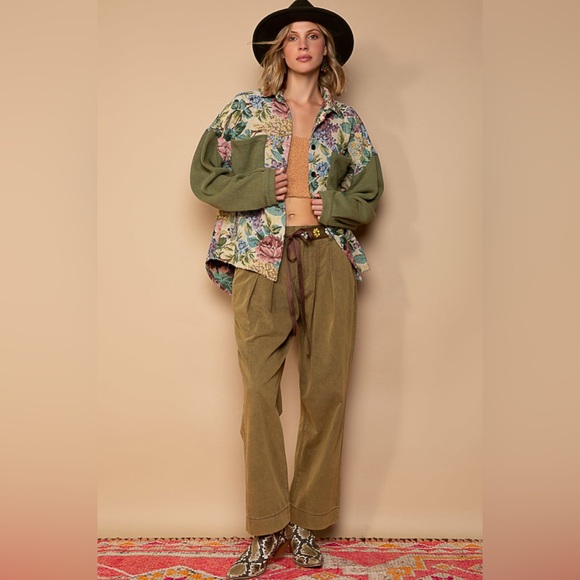 447. POL LAST 1! shacket Floral Jacquard Button Contrast Thermal Long Sleeve - Picture 5 of 5